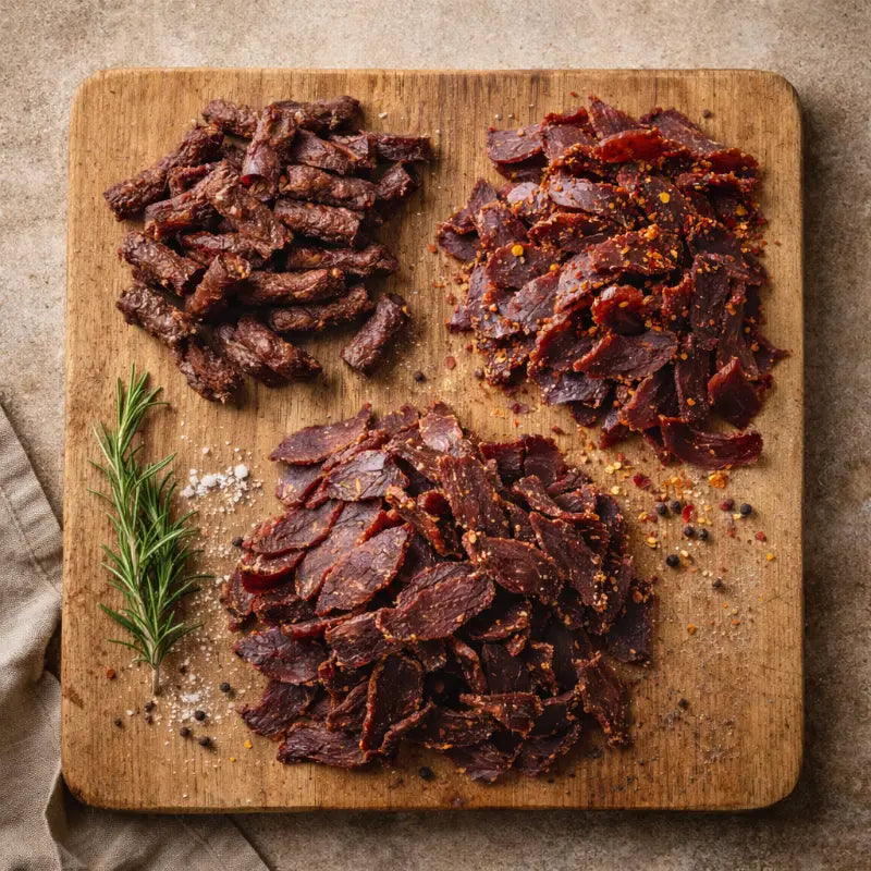 Different varieties of traditional biltong arranged on a wooden board