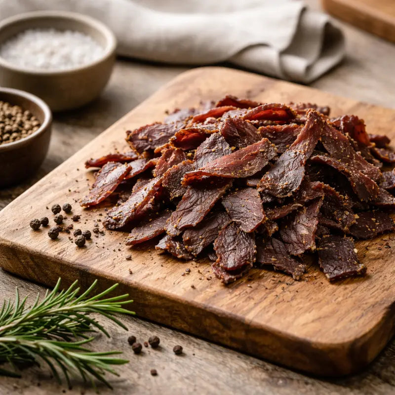 Sliced traditional biltong arranged on a wooden board